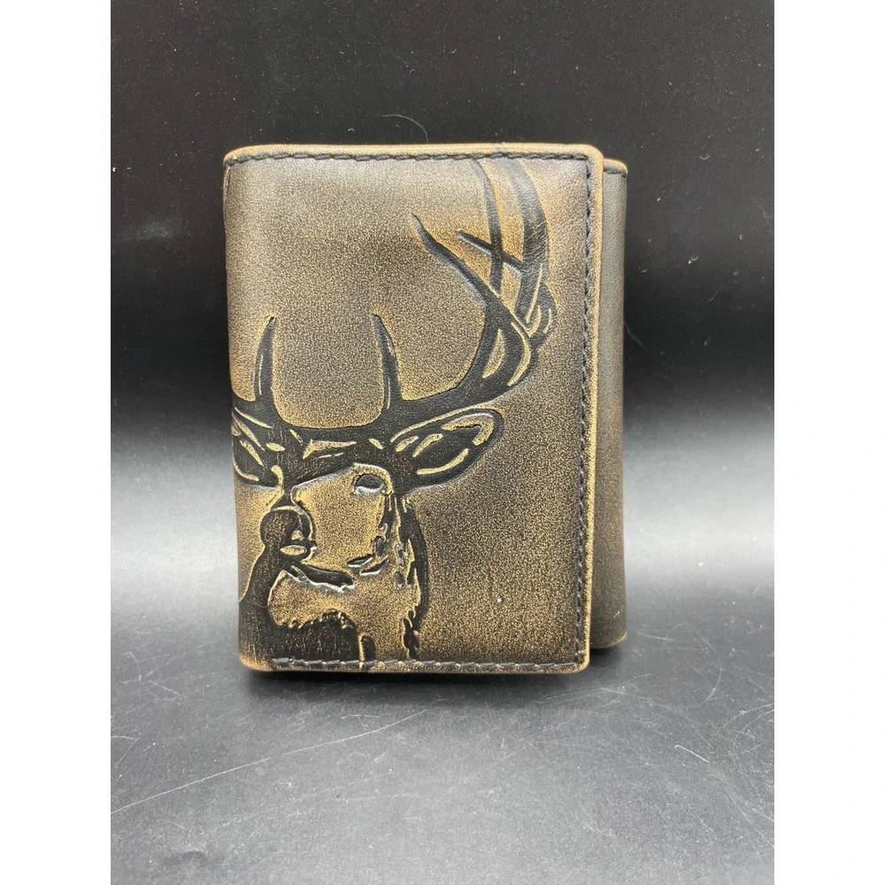 House of Jack Co Mens Trifold Wallet Brown Leather Embossed Deer Head Camo Hunt